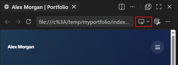 Screenshot of the integrated browser toolbar, highlighting the Add Element to Chat button.