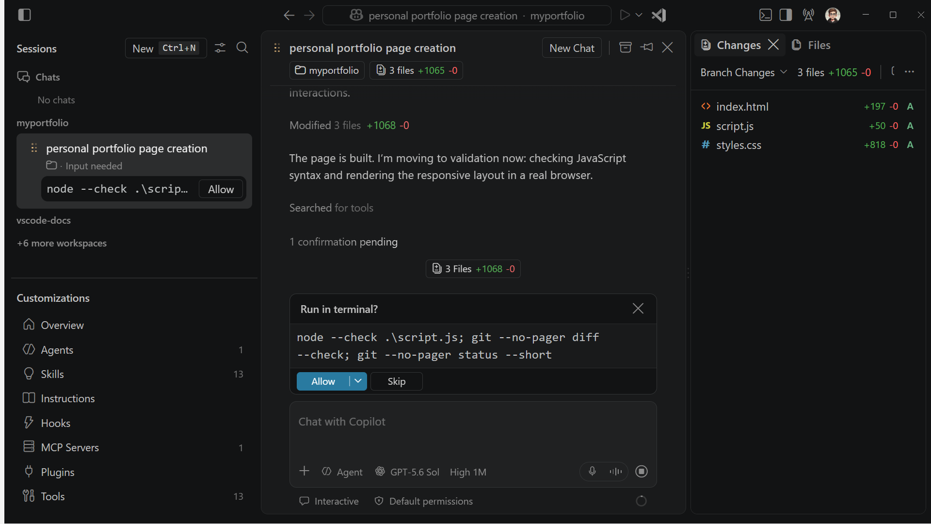 Screenshot of the agent generating the portfolio page files in the Agents window.