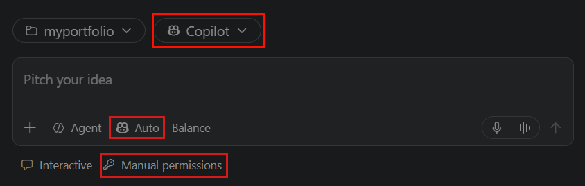Screenshot showing the Copilot Session Target, Agent, and Manual permissions in the redesigned new-session input.