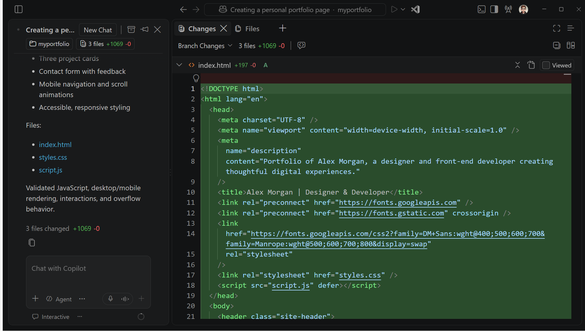 Screenshot of the Changes panel in the Agents window, showing the list of files changed by the agent.