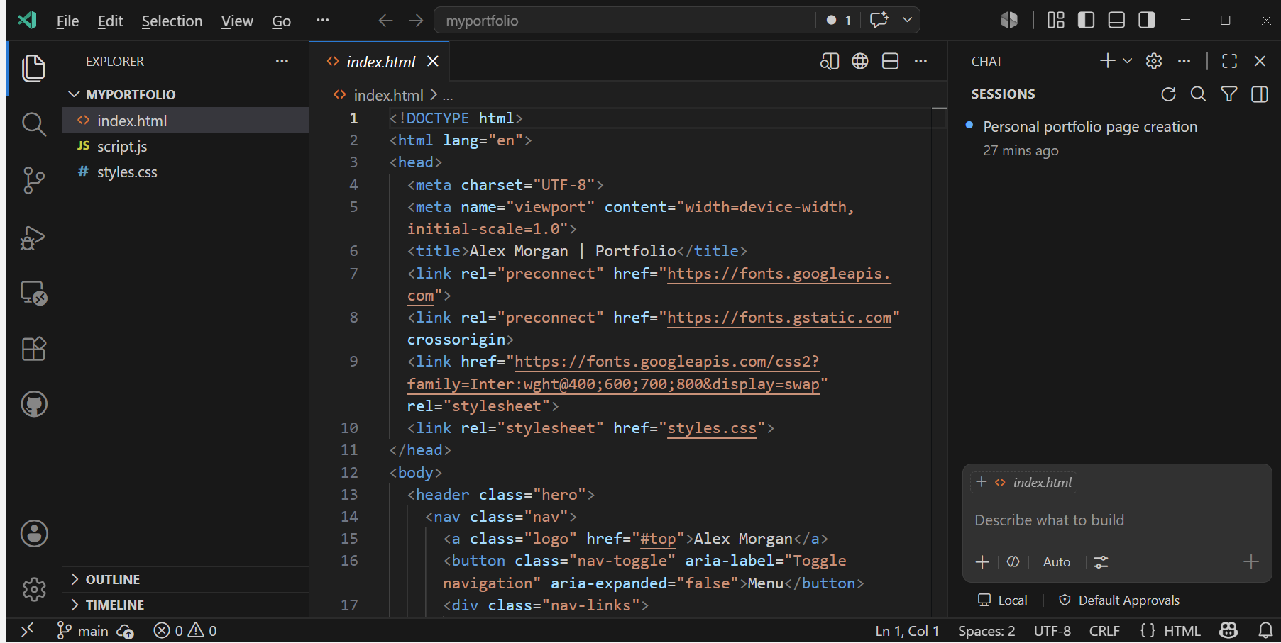 Screenshot of the editor showing the Explorer view with the portfolio files and the Chat view with the active agent session.