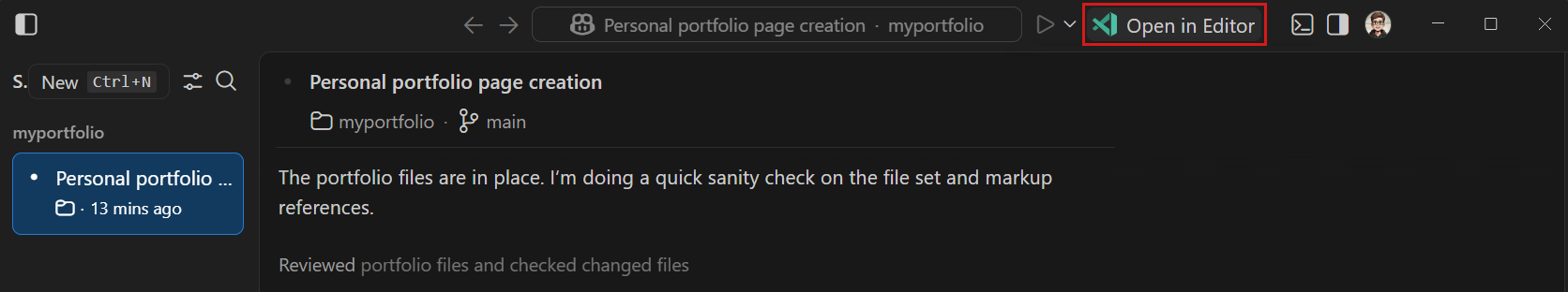 Screenshot of the Open in Editor button in the Agents window title bar.