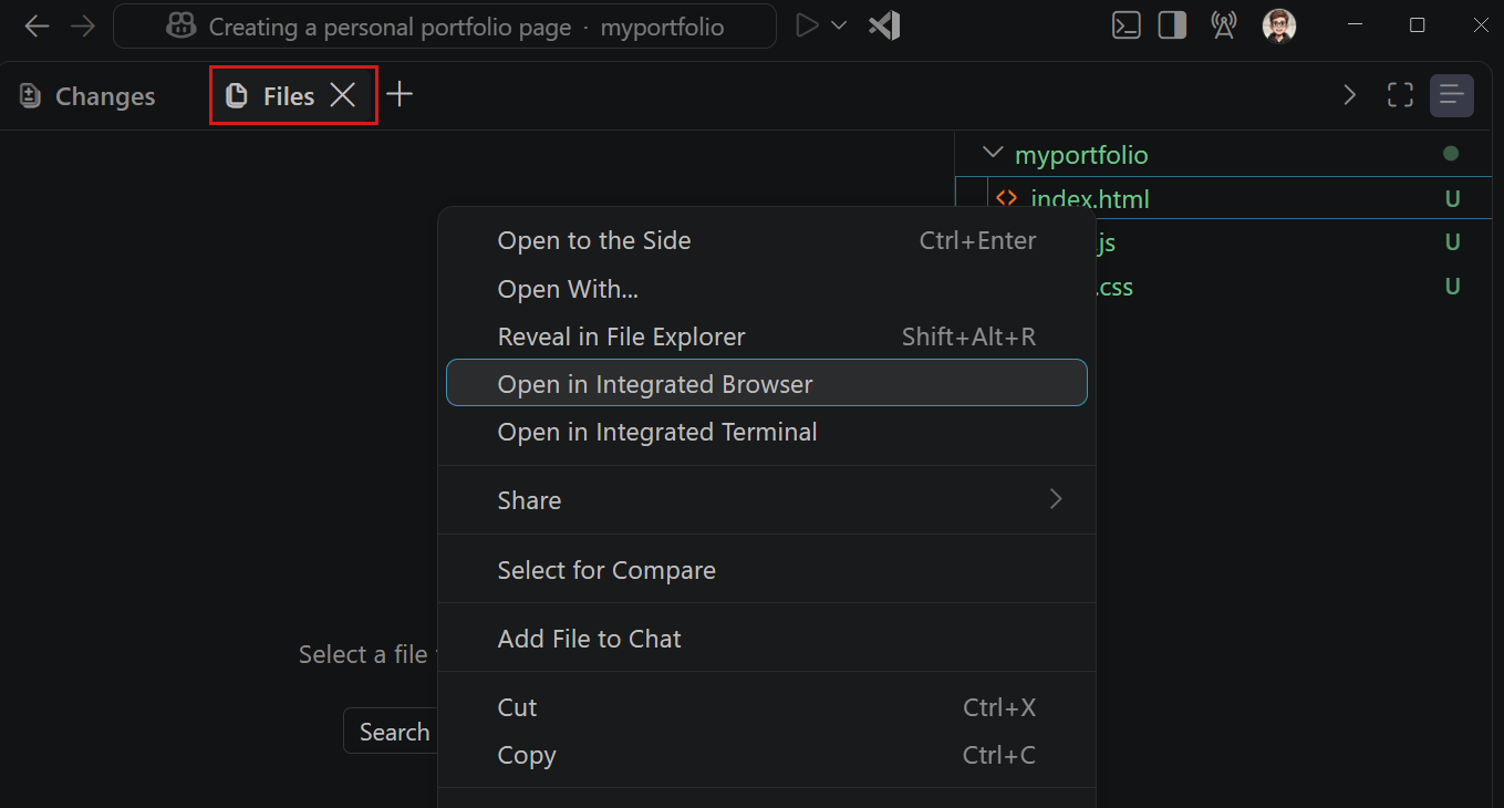Screenshot of the Files tab in the Agents window, showing the portfolio files and the Open in Integrated Browser option.
