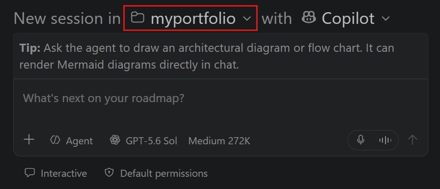 Screenshot of the workspace dropdown and session configuration in the Agents window.