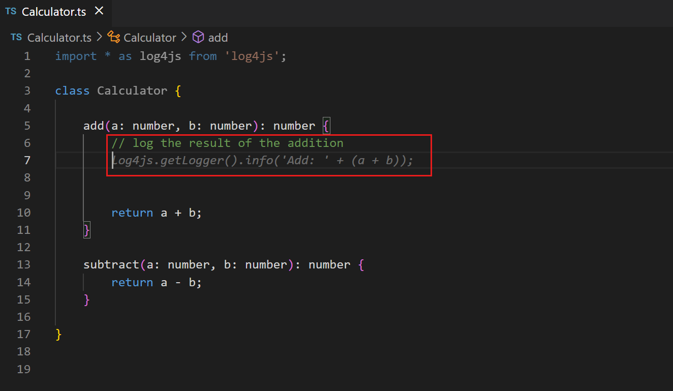 AI inline suggestion proposes logging using the imported logging framework.