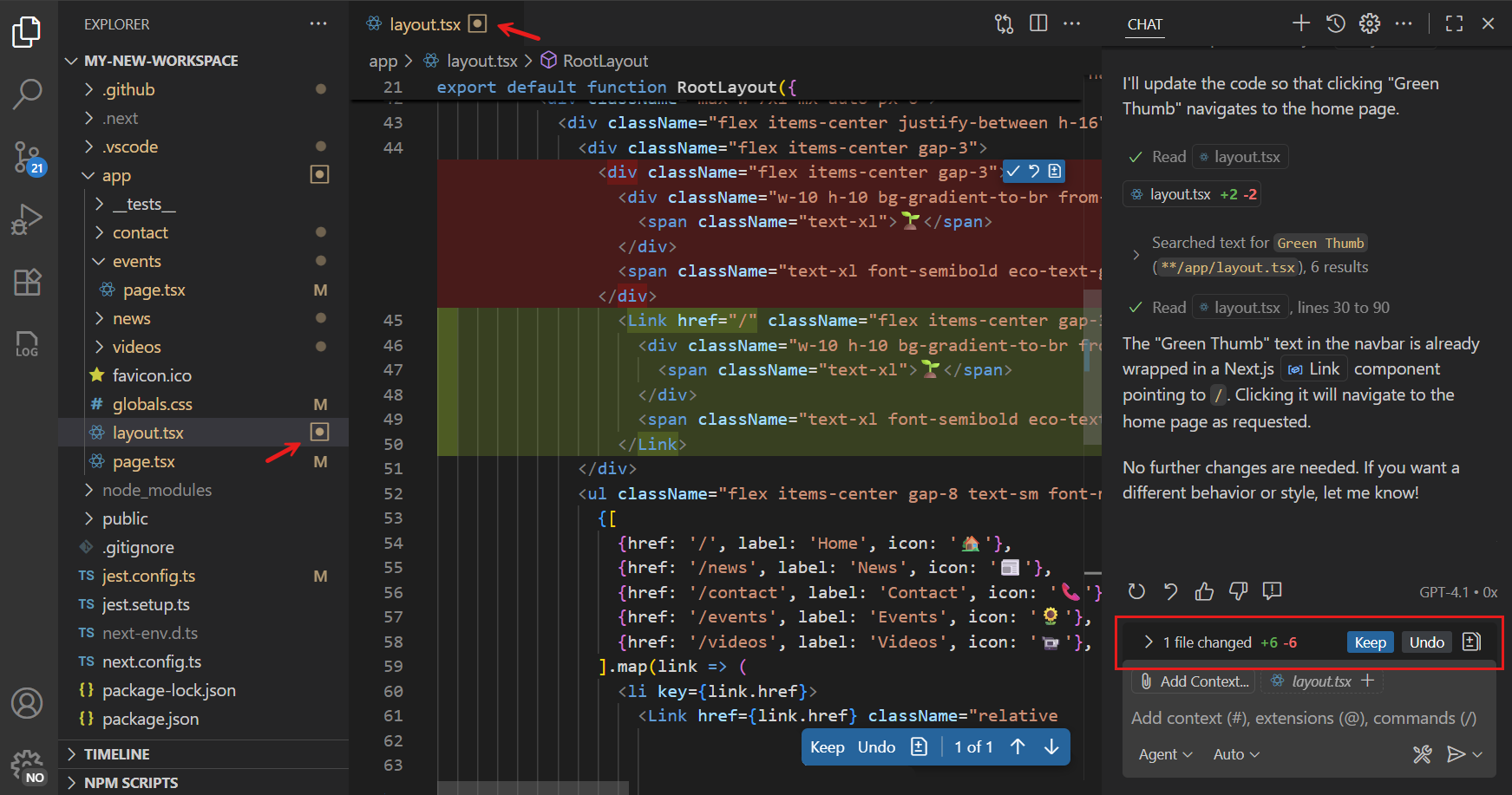 Screenshot showing the Chat view, highlighting the changed files list and the indicator in the Explorer view and editor tabs.