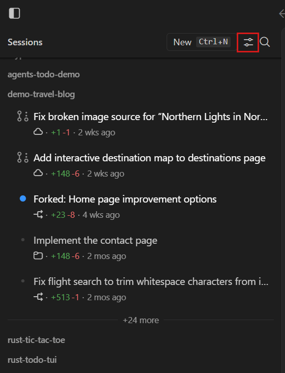 Screenshot of the sessions list in the Agents window, showing multiple sessions with different agent types and file change stats.