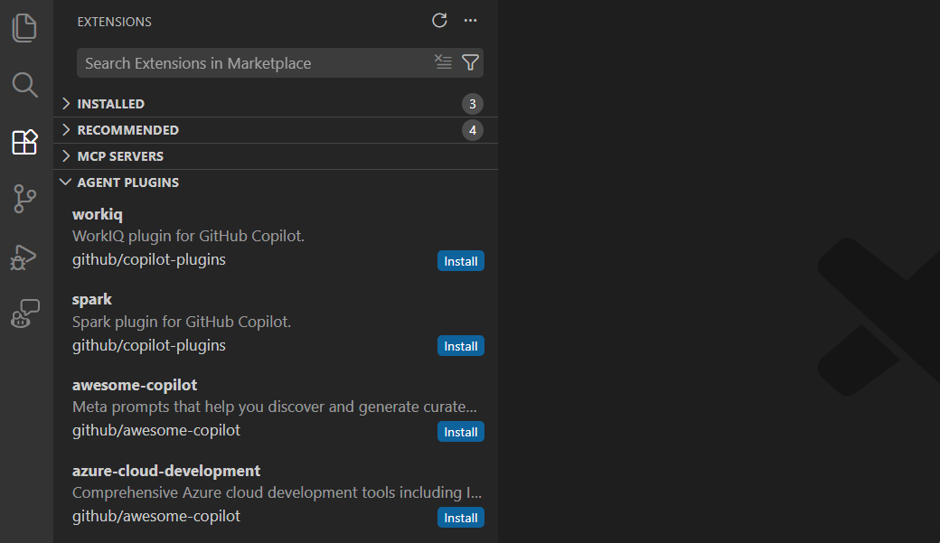 Screenshot of browsing agent plugins in the Extensions sidebar.