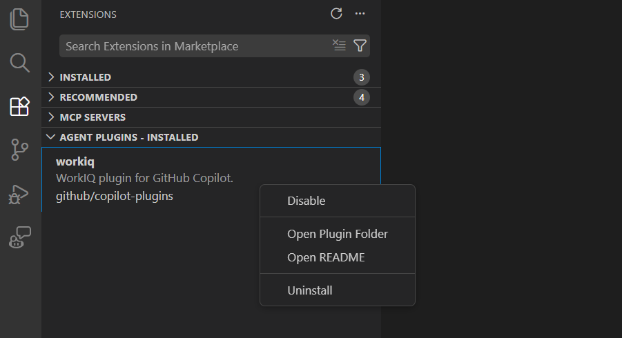 Screenshot of the Agent Plugins - Installed view in the Extensions sidebar.