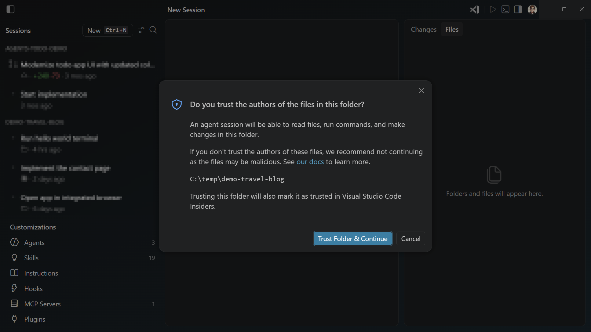 Screenshot of the folder trust prompt in the Agents application, asking the user to trust the folder before starting an agent session.