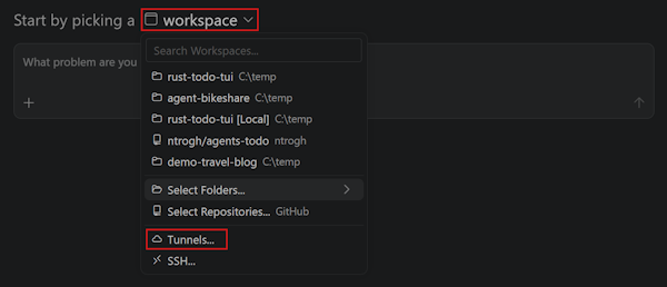 Screenshot showing how to select Tunnels in the workspace dropdown when starting a new agent session in the Agents application.