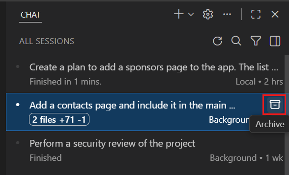 Screenshot of archiving an agent session in the sessions view.