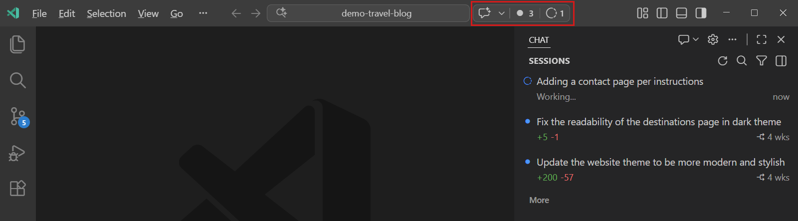 Screenshot showing the session status indicator in the command center with unread and in-progress badges.