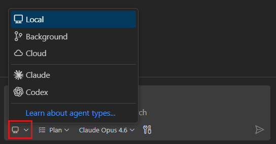 Screenshot showing agent type dropdown in new chat session.