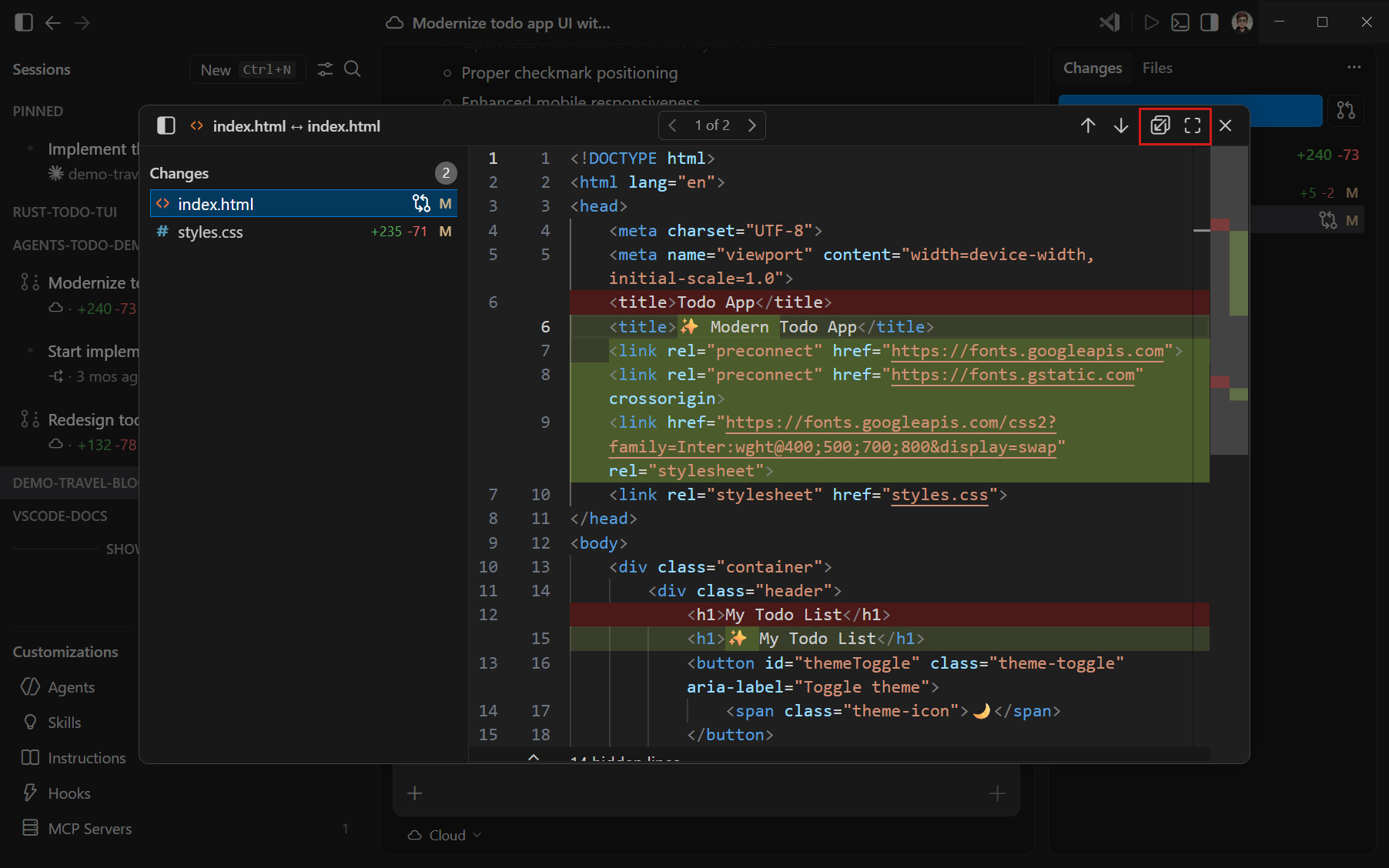 Screenshot showing the diff view in a modal window in the Agents window, with the layout controls in the diff view toolbar visible.