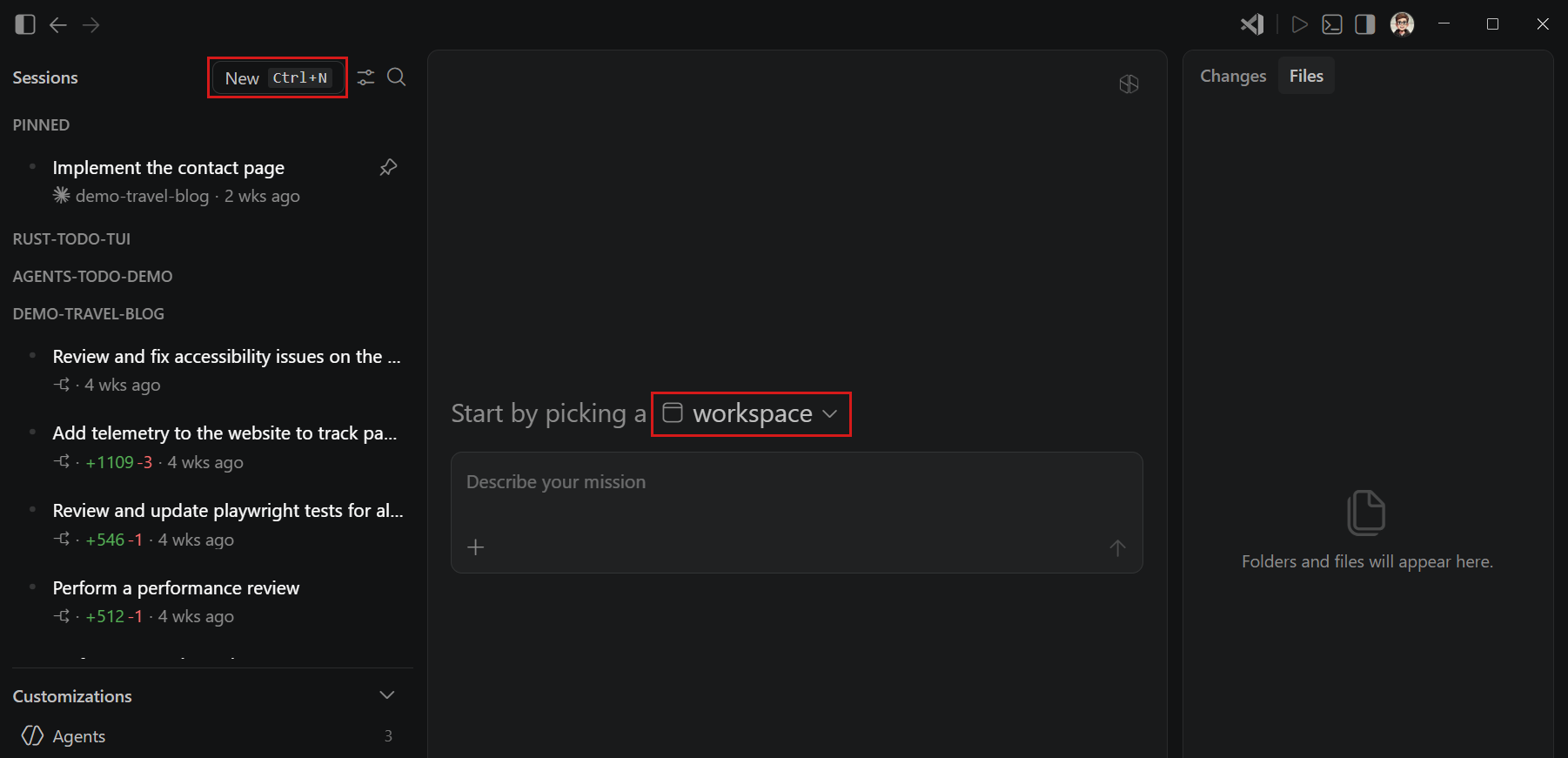 Screenshot showing how to start a new agent session by selecting New at the top of the sidebar in the Agents window.