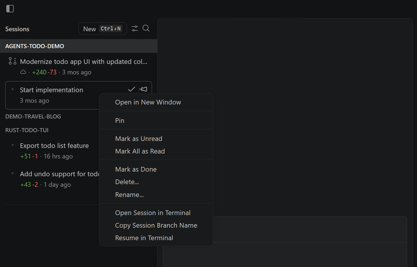 Screenshot showing the sessions list in the sidebar in the Agents window.