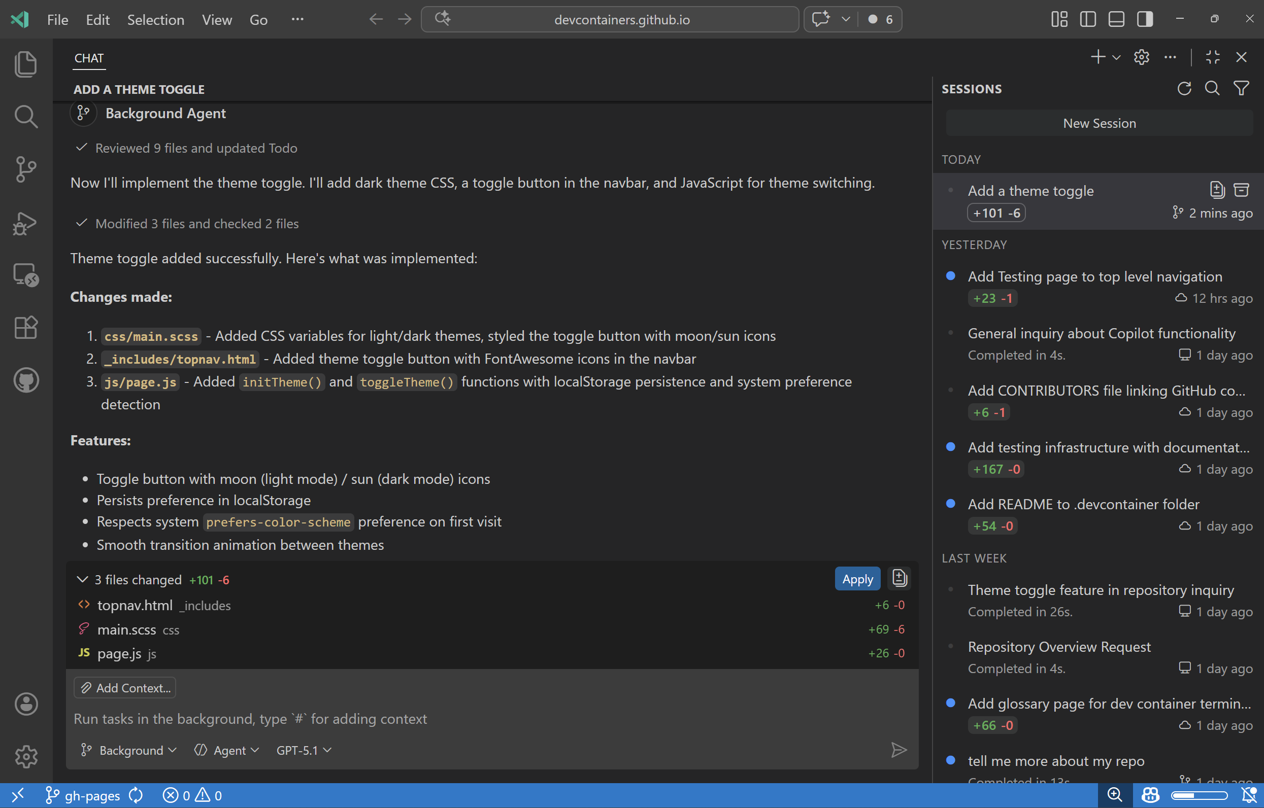 Screenshot of background agent session as a chat editor in VS Code.