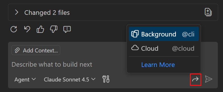 Screenshot showing the "Continue in Chat" button in VS Code chat interface.