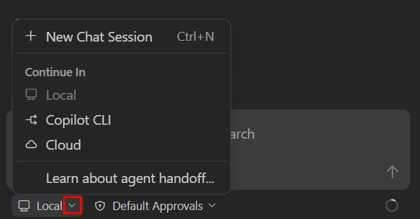 Screenshot showing the Session Target dropdown in VS Code chat interface.