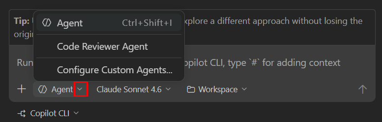 Screenshot showing custom agent selection in VS Code chat interface.