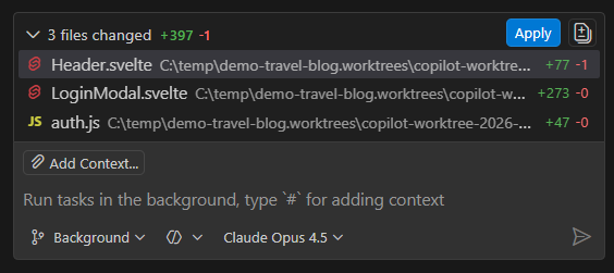 Screenshot showing the working set with Apply and View Changes actions.