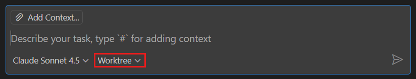 Screenshot showing the "Worktree" isolation mode option in VS Code chat interface.