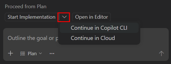 Screenshot showing the "Start Implementation" button in VS Code chat interface.
