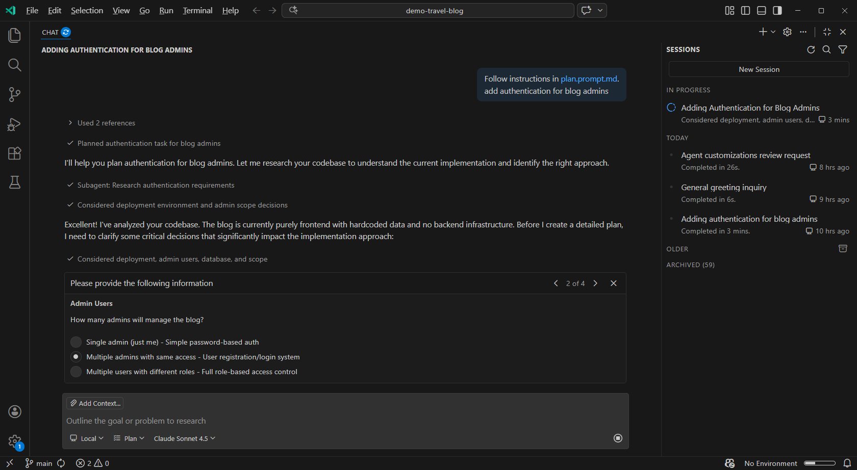 Screenshot showing a sample clarifying question from the plan agent in the Chat view, asking for more details about user roles for an authentication system.