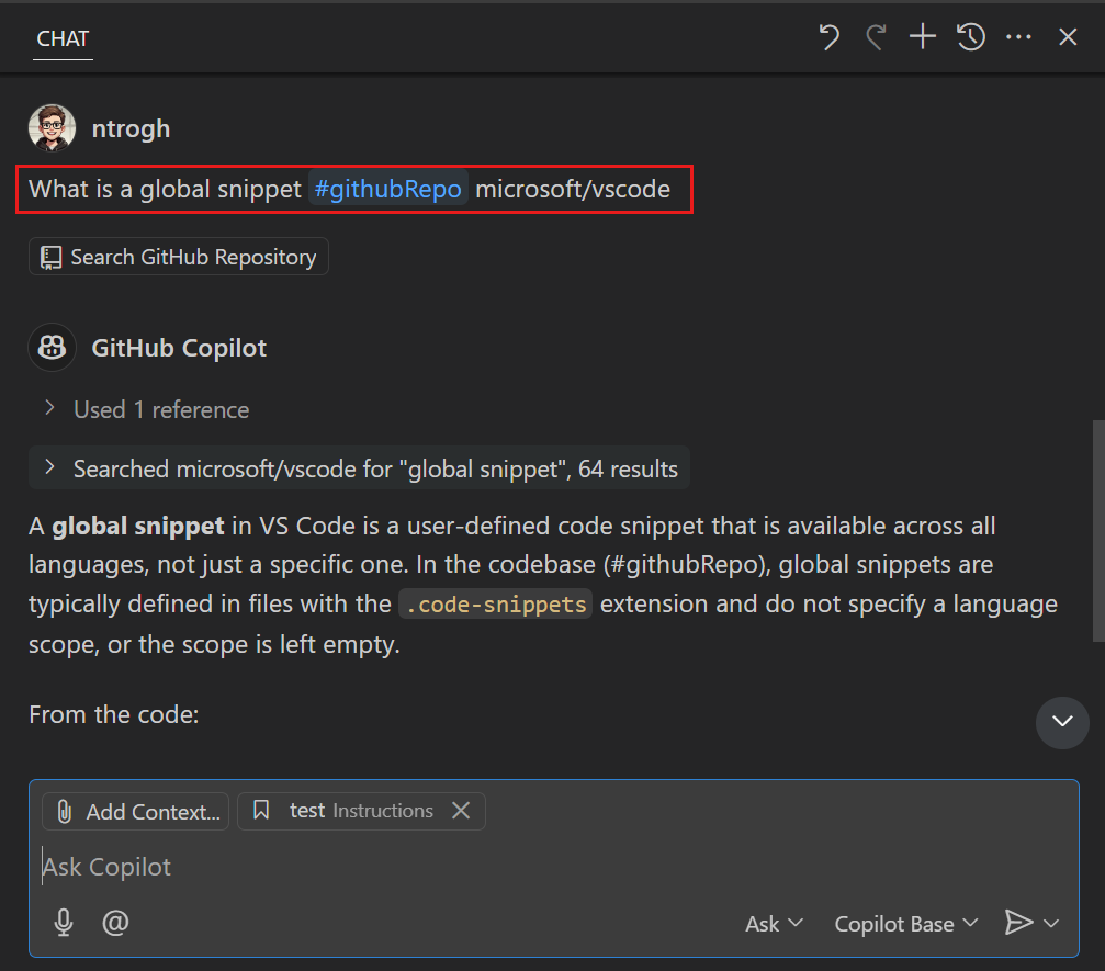 Screenshot of the Copilot Chat view, showing the GitHub Repository tool used to search for a code.