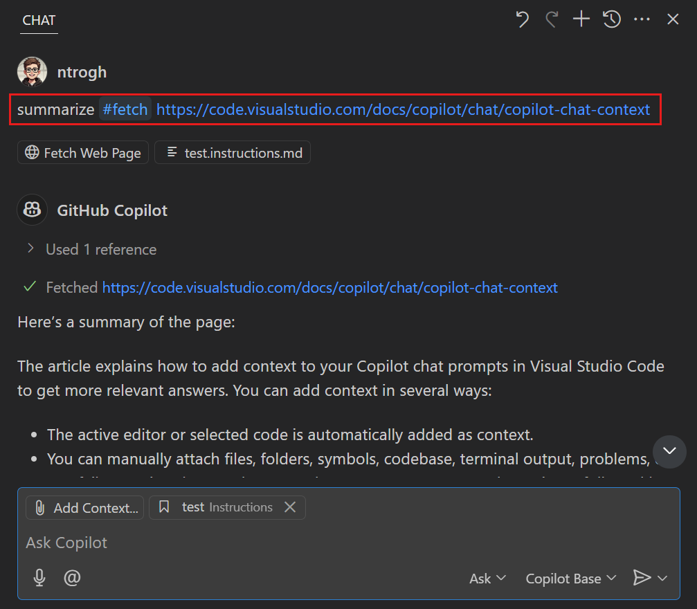 Screenshot of the Copilot Chat view, showing the fetch tool used to summarize the web page.