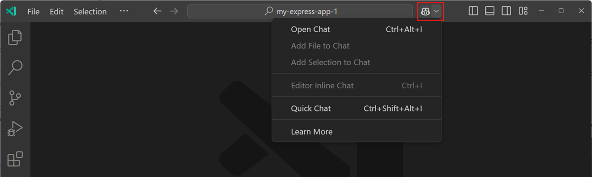 Screenshot of the Copilot Chat menu in the VS Code Command Center