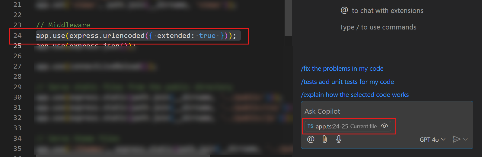 Screenshot of VS Code Copilot Chat view, showing the current editor selection as context.