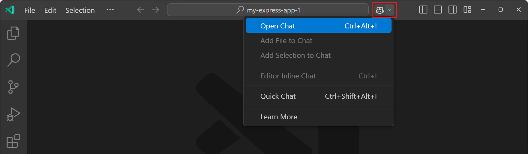 Screenshot of the Copilot Chat menu in the VS Code Command Center, highlighting Open Chat