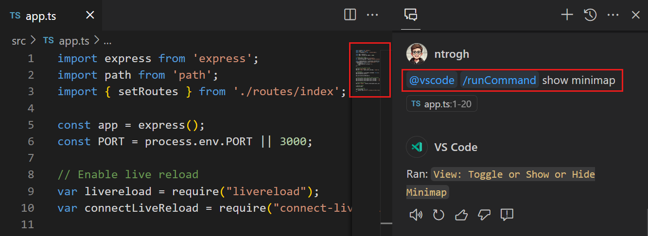 Toggle the minimap in the editor with the /runCommand slash command in Copilot Chat.