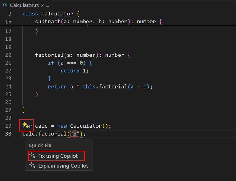 Quick fix a type mismatch error by using the Copilot smart action