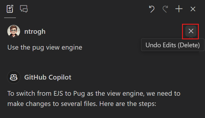 Screenshot showing the Copilot Edits view, highlighting the Undo Edits control for a specific request.