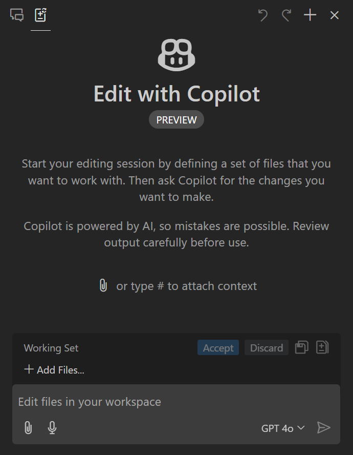 Screenshot showing the Copilot Edits view and welcome message.