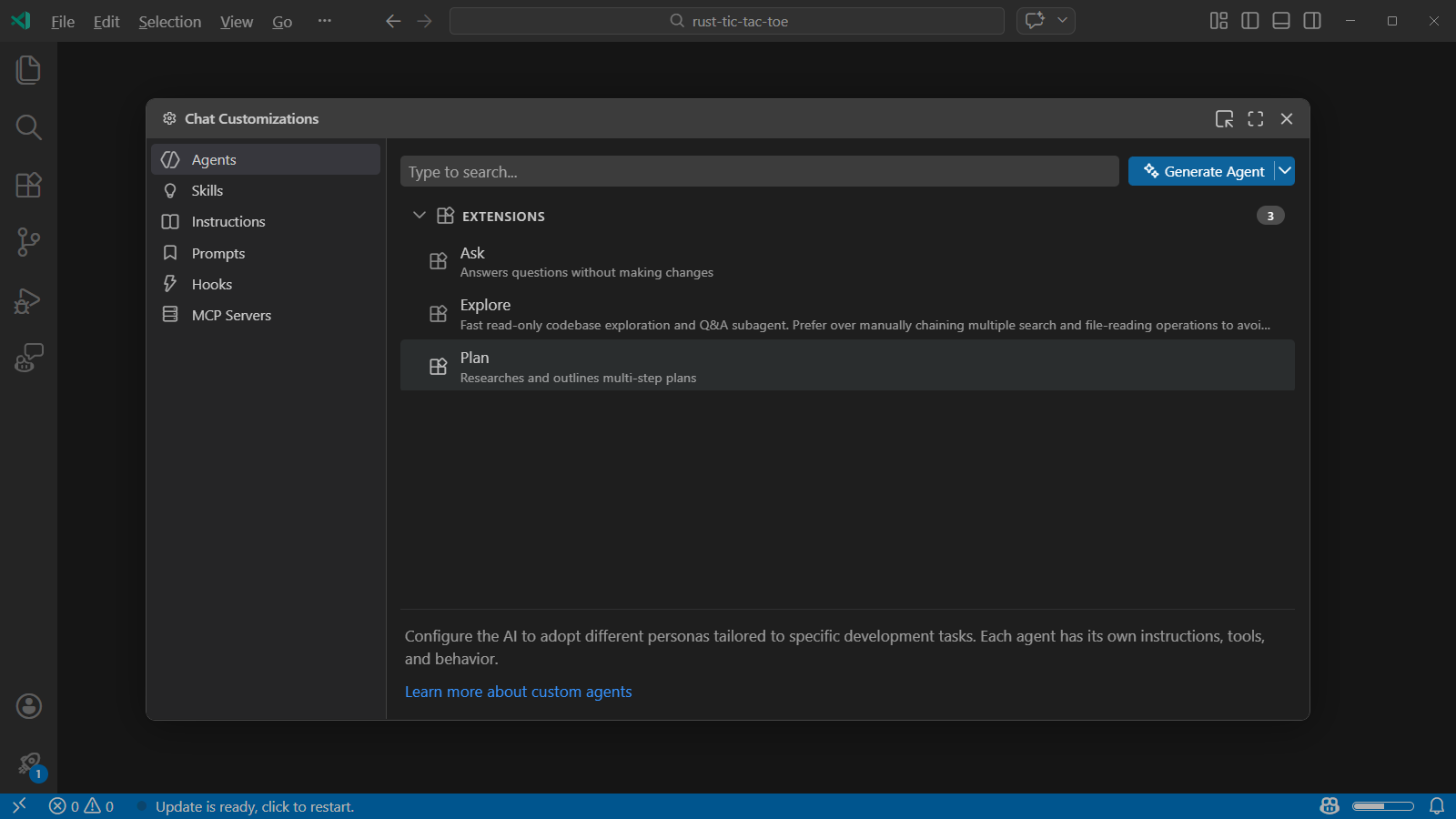Screenshot of the Chat Customizations editor, showing the sidebar with customization categories and the main view listing custom agents.