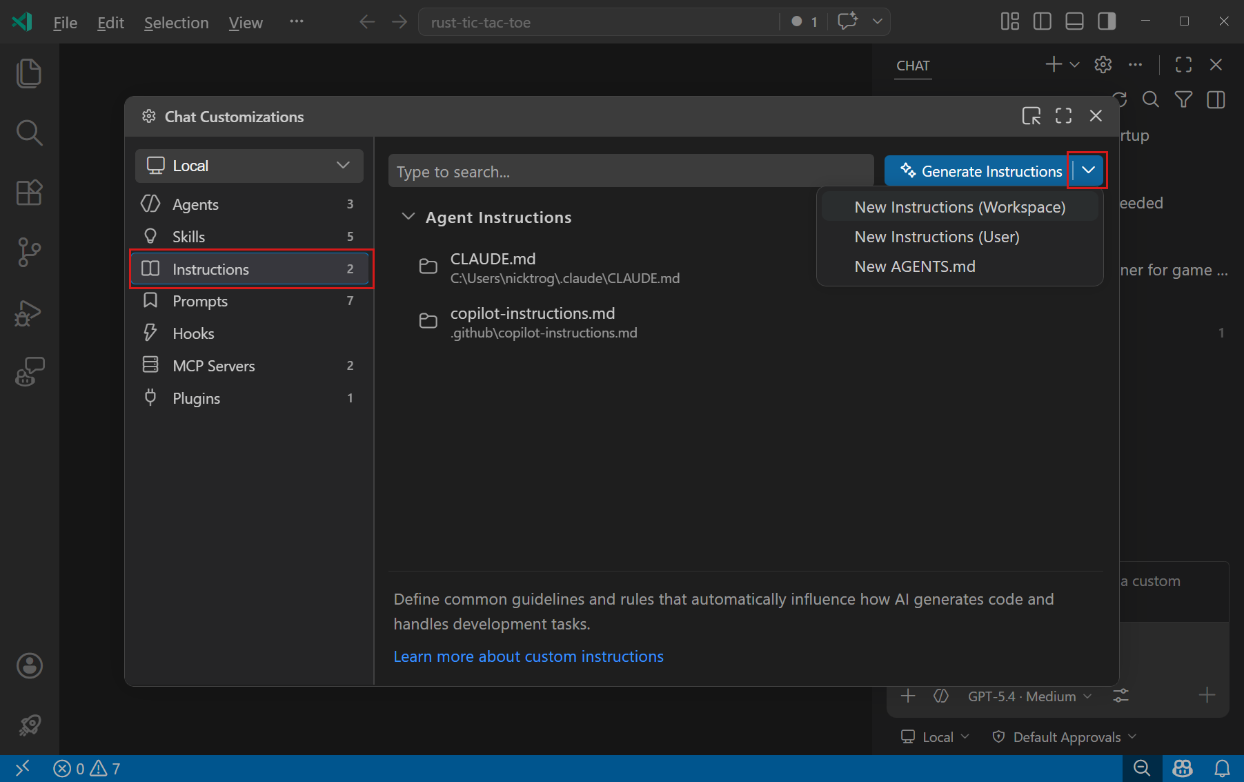 Screenshot of the Chat Customizations editor, showing the Instructions tab and the dropdown to create a new instructions file.
