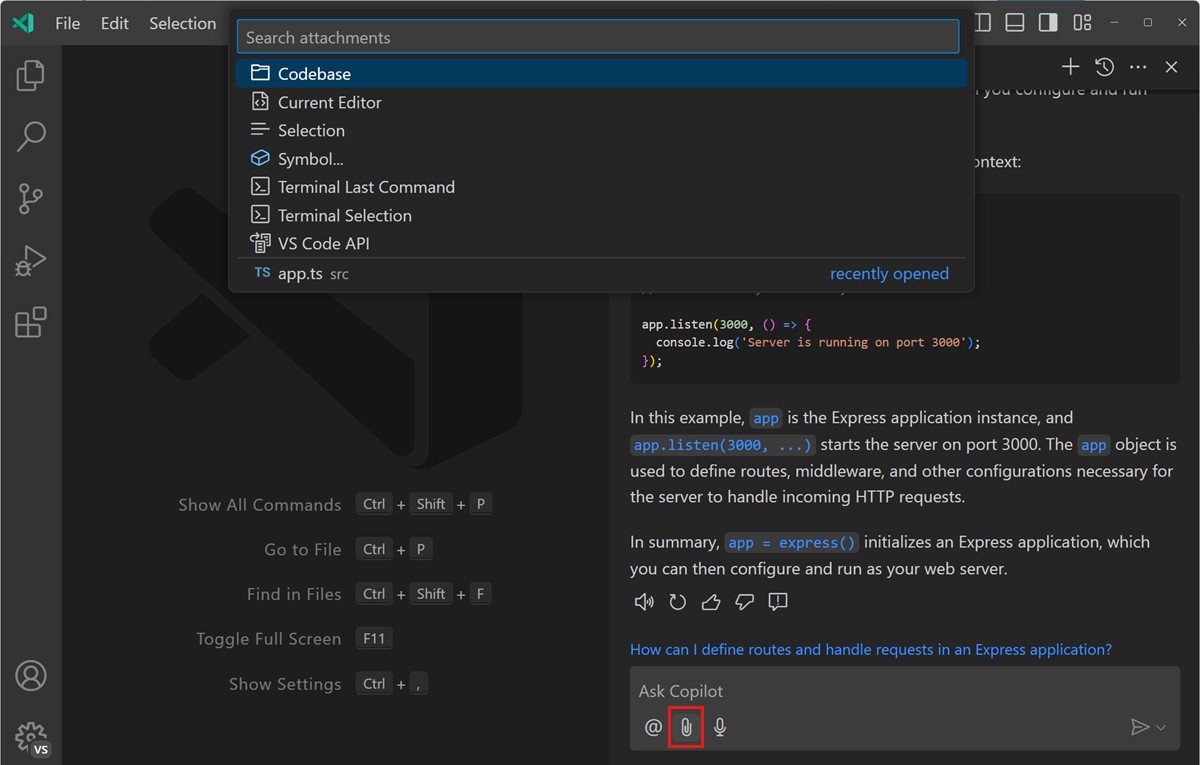 Screenshot of VS Code Copilot Chat view, showing the Attach context button and context Quick Pick.