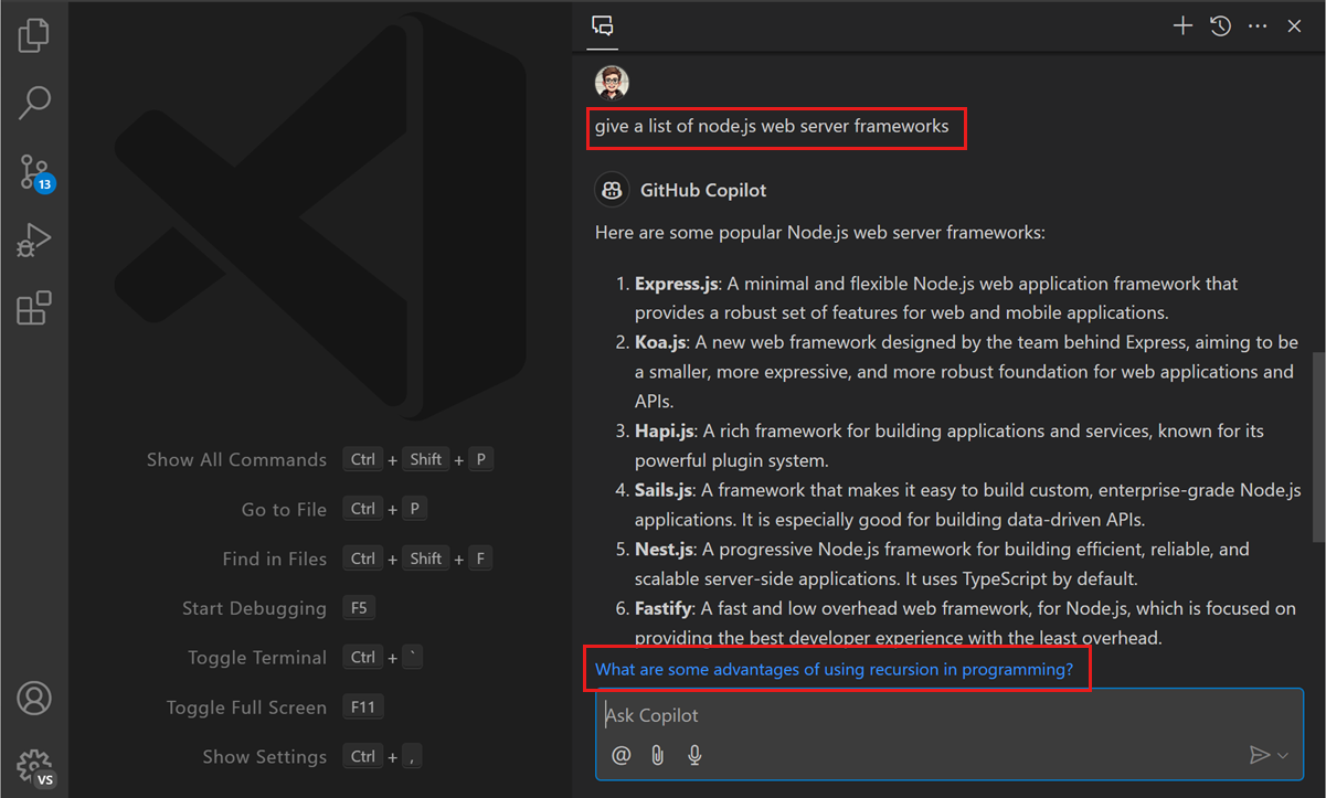 Screenshot of VS Code, showing the Copilot Chat view, showing the chat response and a suggested follow-up question.