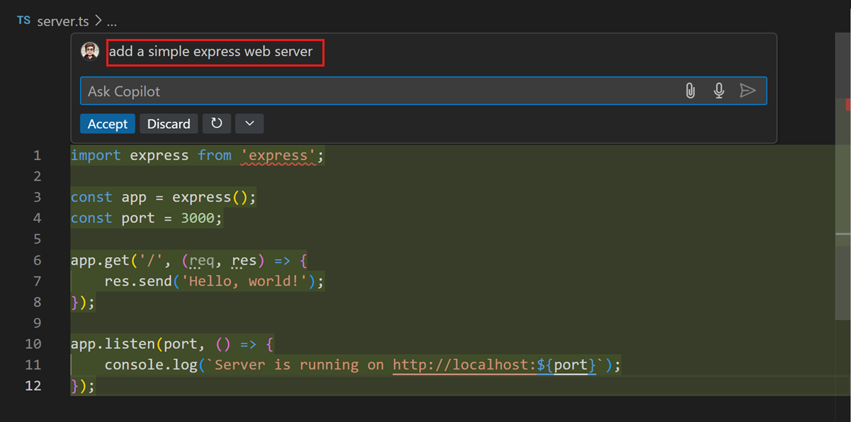 Screenshot of VS Code editor, showing the Copilot Inline Chat response for adding an Express web server.