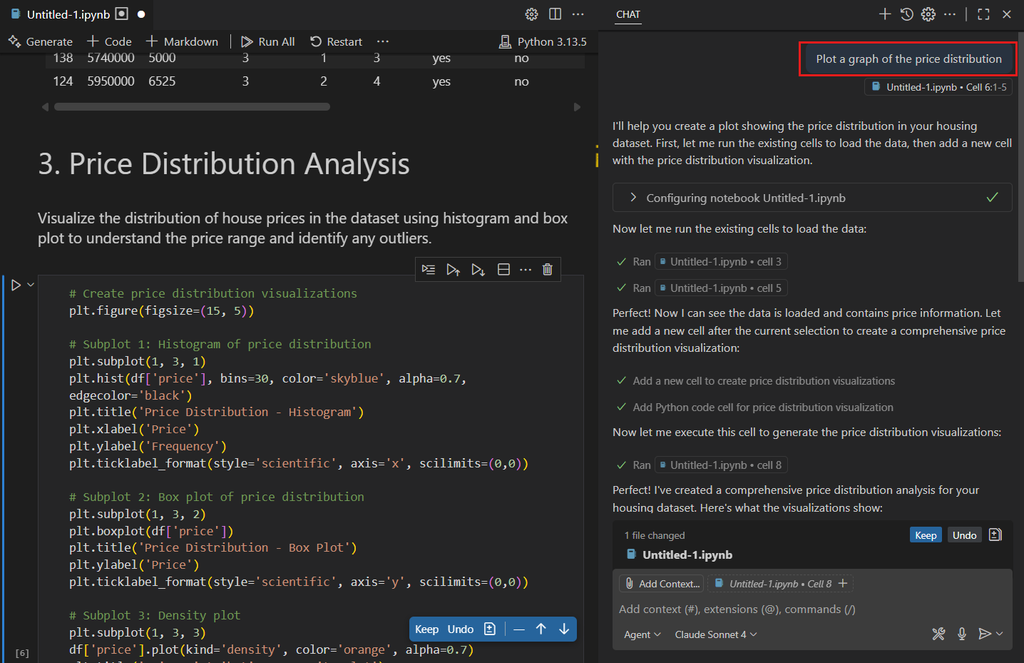 Screenshot that shows the response from agent mode to the prompt 'Plot a graph of the price distribution'.