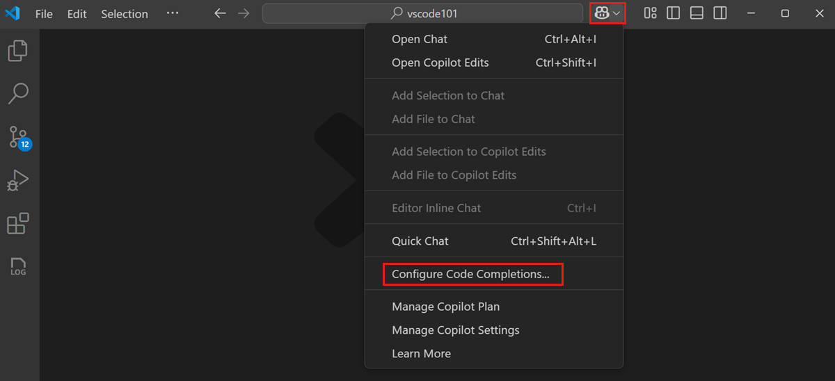 Copilot menu in the VS Code title bar