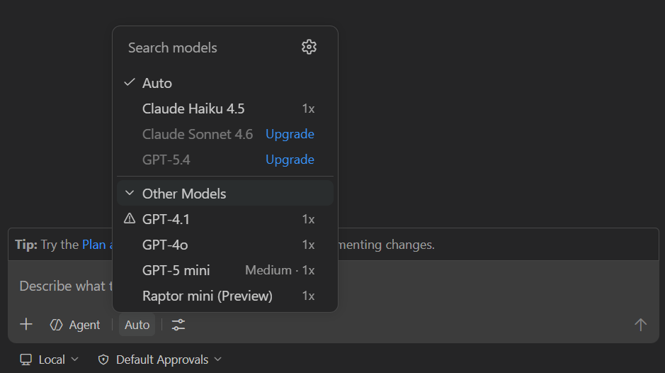 Screenshot that shows the model picker in the Chat view.