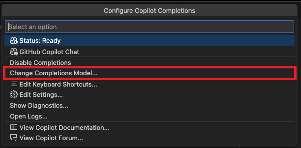 Screenshot showing Copilot Completions menu, highlighting option to change completions model