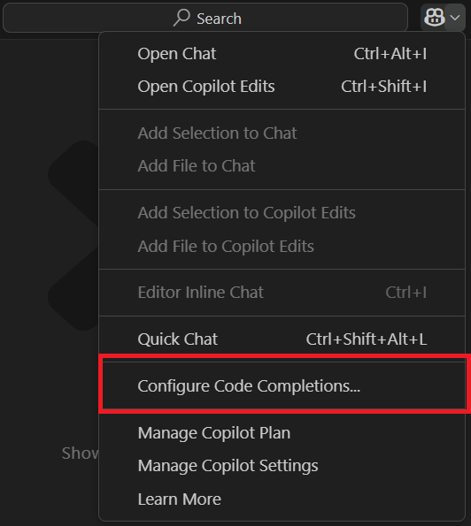 Screenshot showing Copilot menu, highlighting Configure Code Completions.