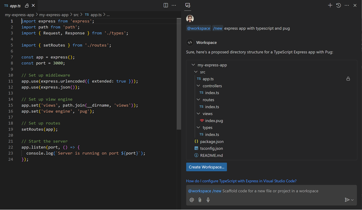 Asking the @workspace agent to scaffold a new Node.js project using TypeScript