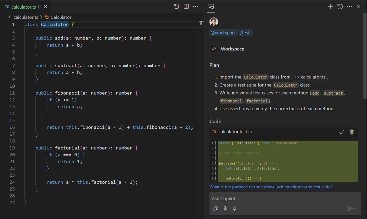 Chat view showing the /tests slash command to generate unit tests for the Divide method in a C# calculator class